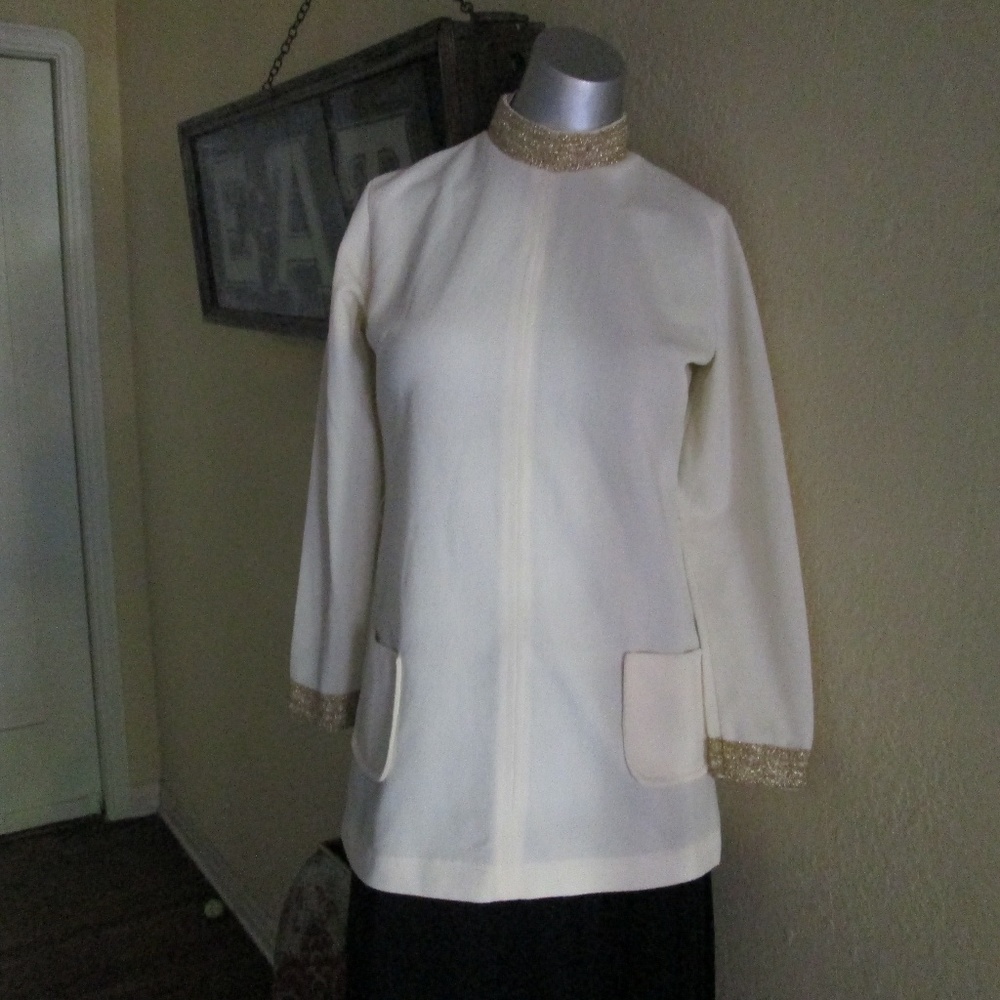 Vintage Long Tunic Mandarin Collar Gold Off White